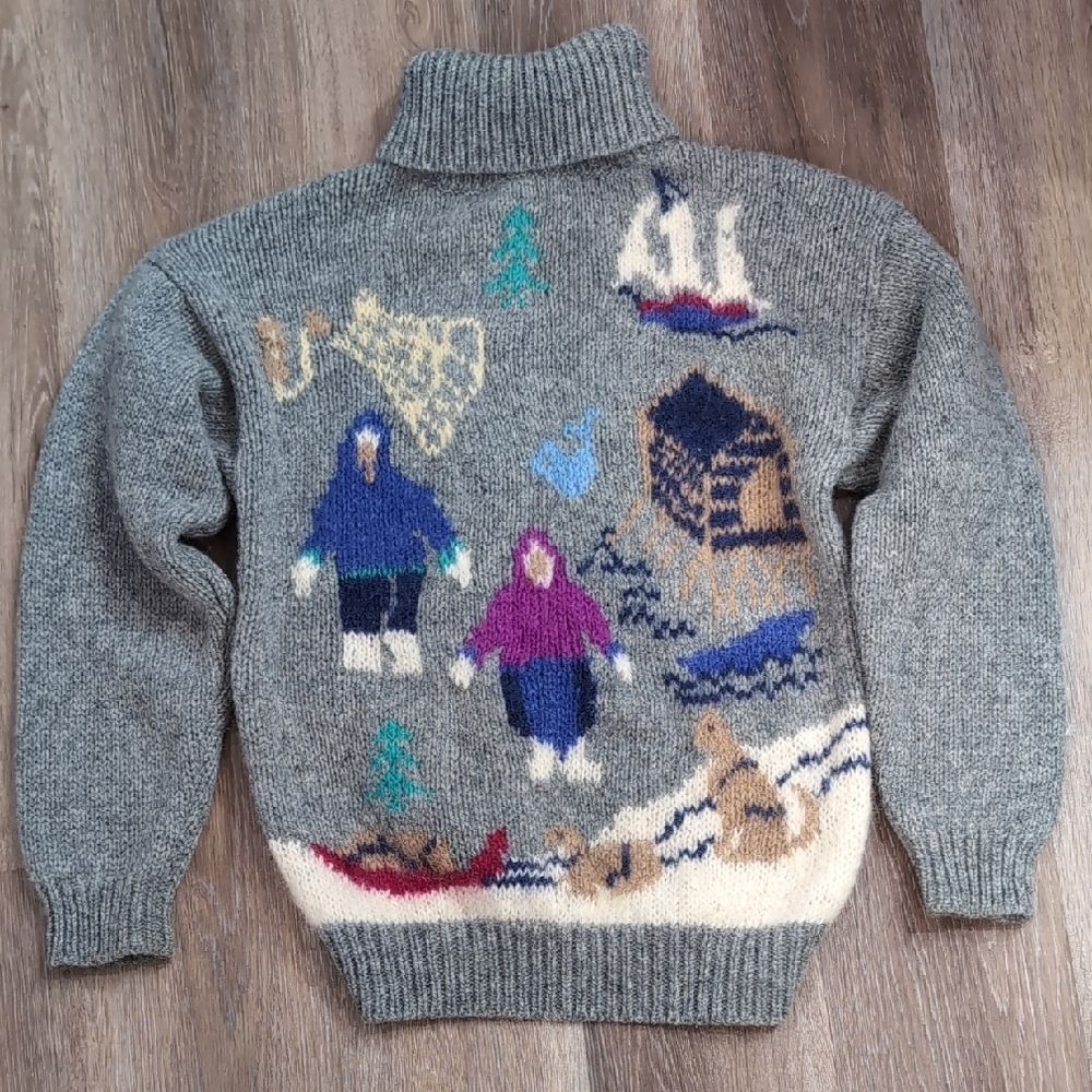 Vintage SKYR Eskimo Indigenous People Dog Sled Scene Turtleneck Sweater Sz Med
